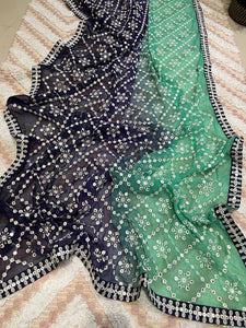 Blue and green bandhani sequins saree