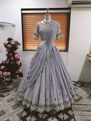 Sequinned Lehenga in aqua silver