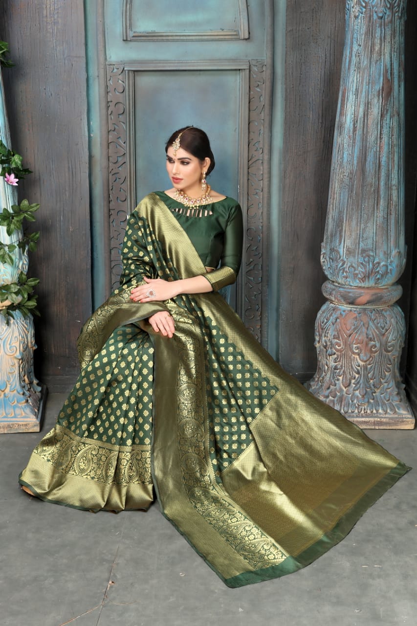 Dark green soft litchi silk saree