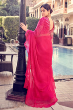 Ruby pink ruffle plain saree in organza