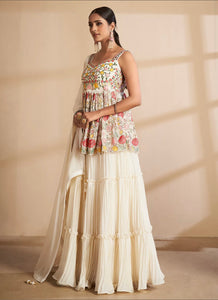 Georgette stitched thread and sequinned lehenga - off white