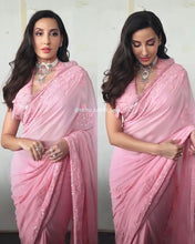 Celebrity inspired sequins light pink saree