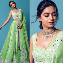 Chinnon silk green and white floral Lehenga