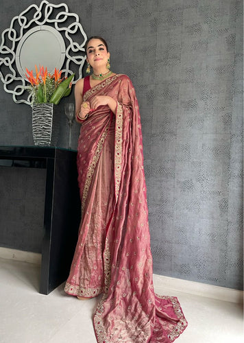 Two tone vichitra silk peanut pink saree
