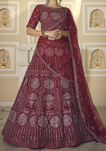 Glossy catalogue: Maroon mirror work lehenga