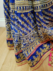 Blue and coral pink saree