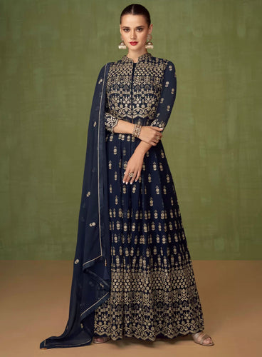 Royal blue embroidered readymade gown