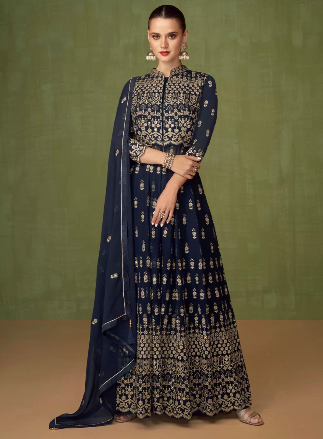 Royal blue embroidered readymade gown