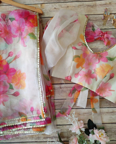 Organza silk floral white saree