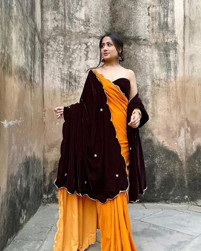 Yellow velvet saree with dupatta