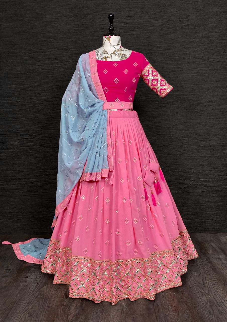 Pink mirror work Lehenga