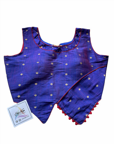 Blue raw silk blouse with red piping