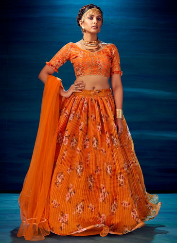 Organza crush - Trendy orange floral Lehenga