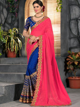 Blue and coral pink saree