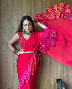 Partywear saree with a touch of bandhani printed ruffle