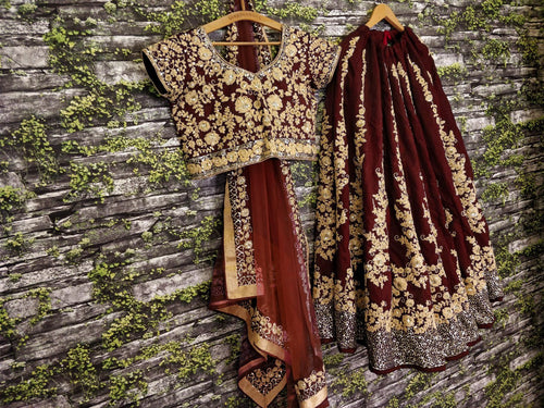 Maroon and gold floral silk Lehenga