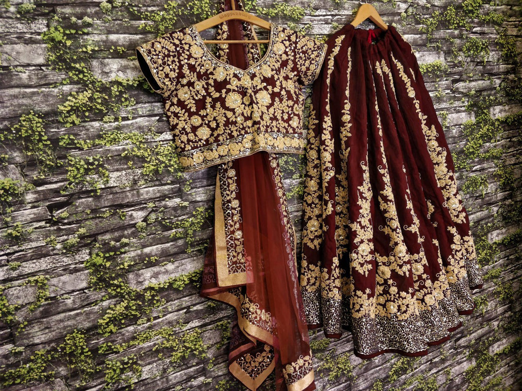 Maroon and gold floral silk Lehenga