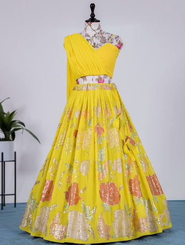 Indo western: Readymade floral stitched sweetheart Lehengas