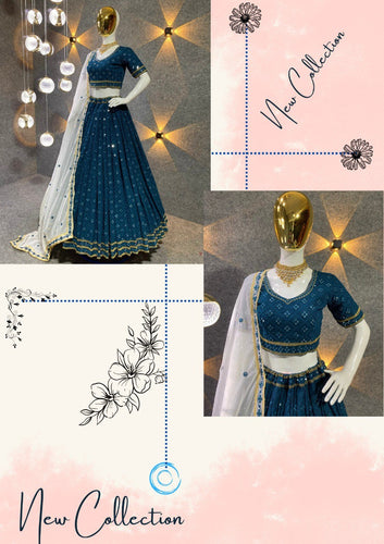 Teal blue party wear silk Lehenga