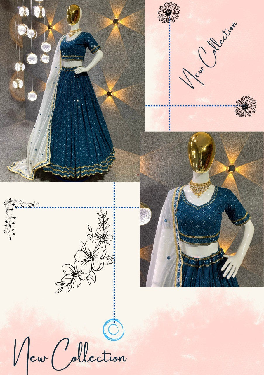 Teal blue party wear silk Lehenga