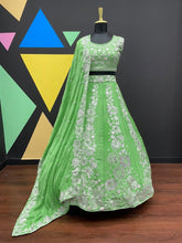 Chinnon silk green and white floral Lehenga