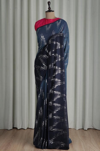 Partywear navy blue and silver zigzag sequins saree