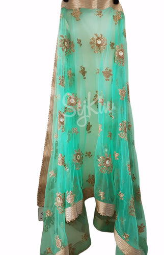 Mint green floral embellished mirror work net dupatta