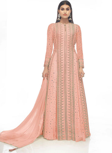 Peach mirror work Lehenga