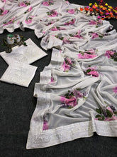 White and silver floral saree