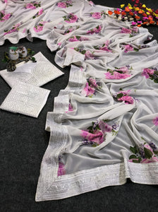 White and silver floral saree