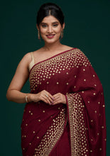 Deep red Vichitra silk saree - gota patti and mirror work