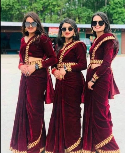 Maroon velvet saree