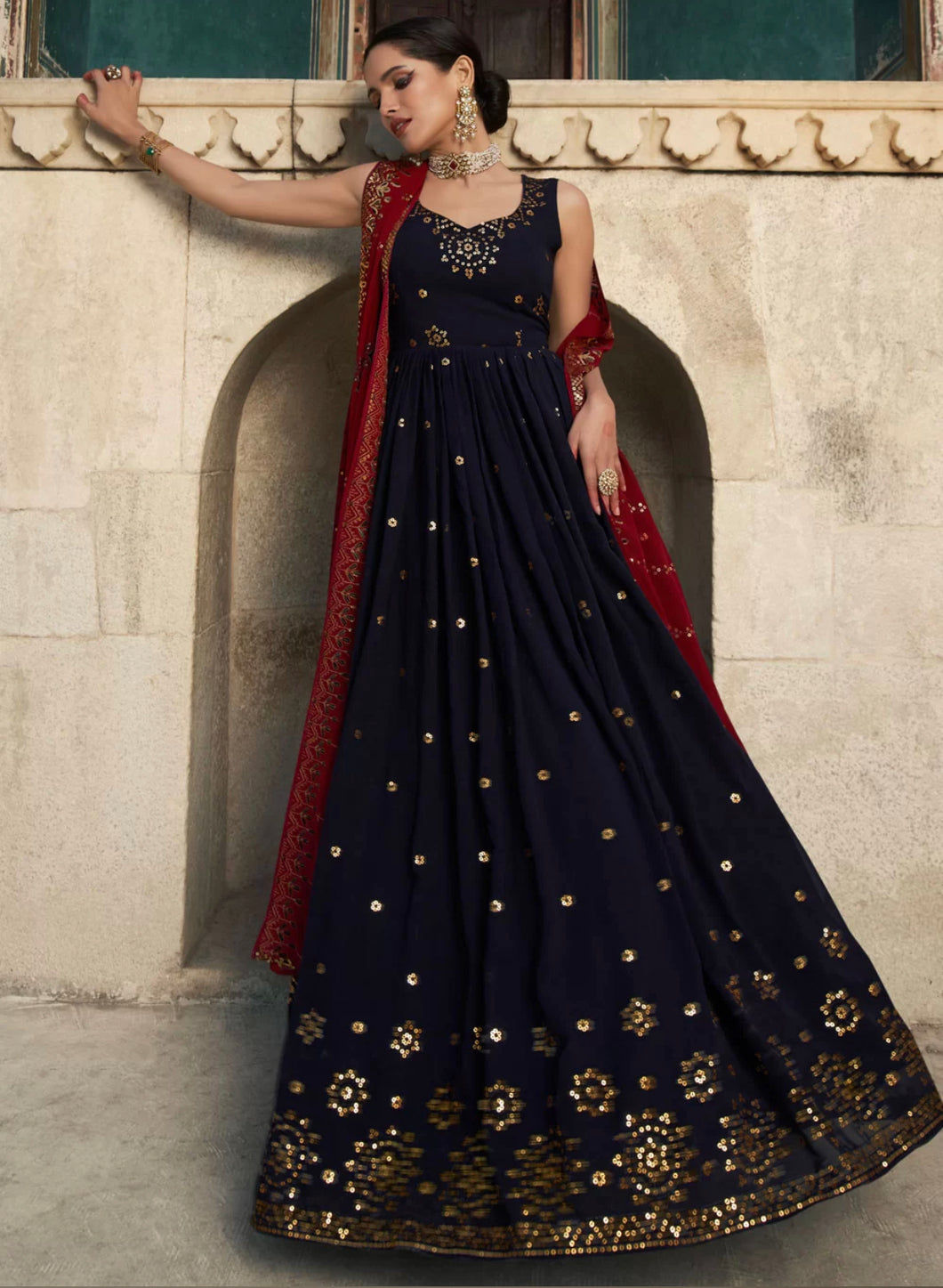 Saya - Trendy navy blue georgette sequins and thread work gown
