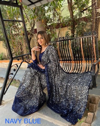 Celebrity style blue and silver sequinned saree