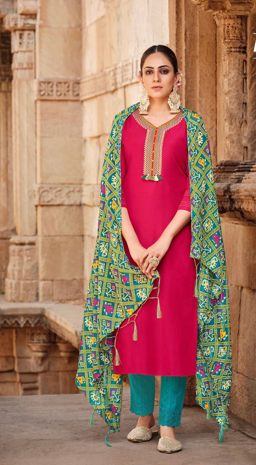 Mashoo collection - viscose suit with bandhani dupatta