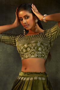 Trendy Olive green satin silk designer Lehenga