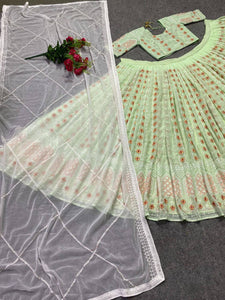 Green pista partywear silk Lehenga