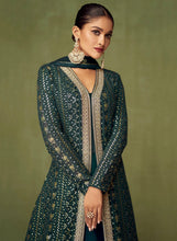 Bottle green embroidered readymade gown