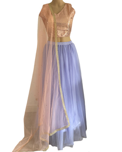 Peach and lavender tulle Lehenga
