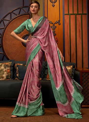 Printed Japan crepe saree - abstract pink