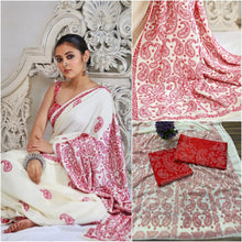 Off white and red thread work saree