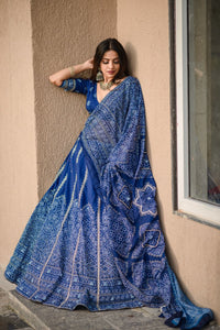 Blue bandhani printed silk Lehenga