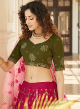 Deep pink and olive green Lehenga