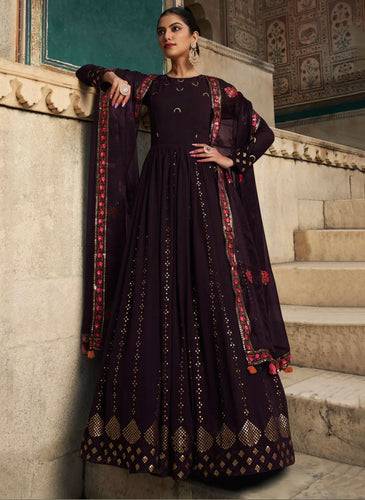 Saya - Trendy purple georgette sequins and thread work gown