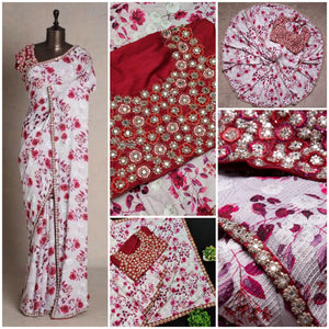 Vichitra silk red floral saree