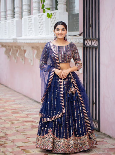 Navy blue sequinned georgette Lehenga