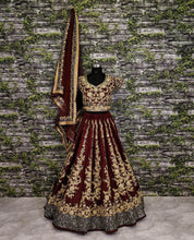 Maroon and gold floral silk Lehenga