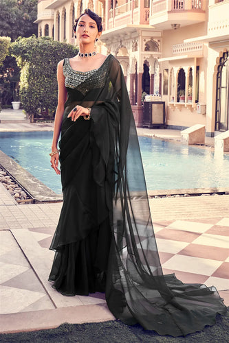 Black ruffle plain saree in organza