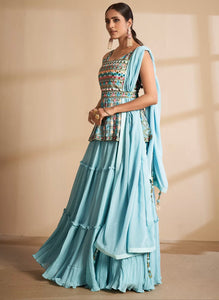 Georgette stitched thread and sequinned lehenga - turquoise