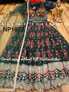 Niks collection - Olive green floral mirror work readymade Lehenga